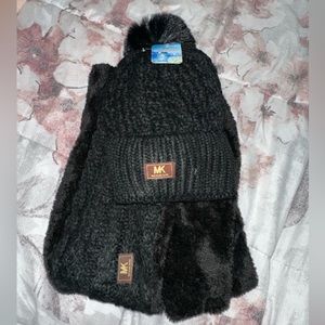 Black Infinity Scarf & Puff Beanie Set